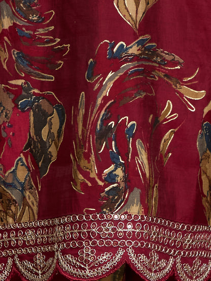 Floral Foil Printed Straight Kurta with Pant & Dupatta - Maroon