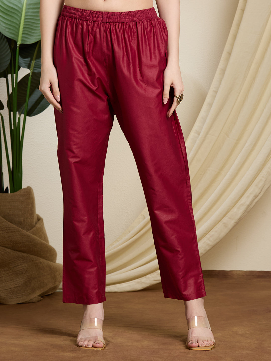 Floral Foil Printed Straight Kurta with Pant & Dupatta - Maroon