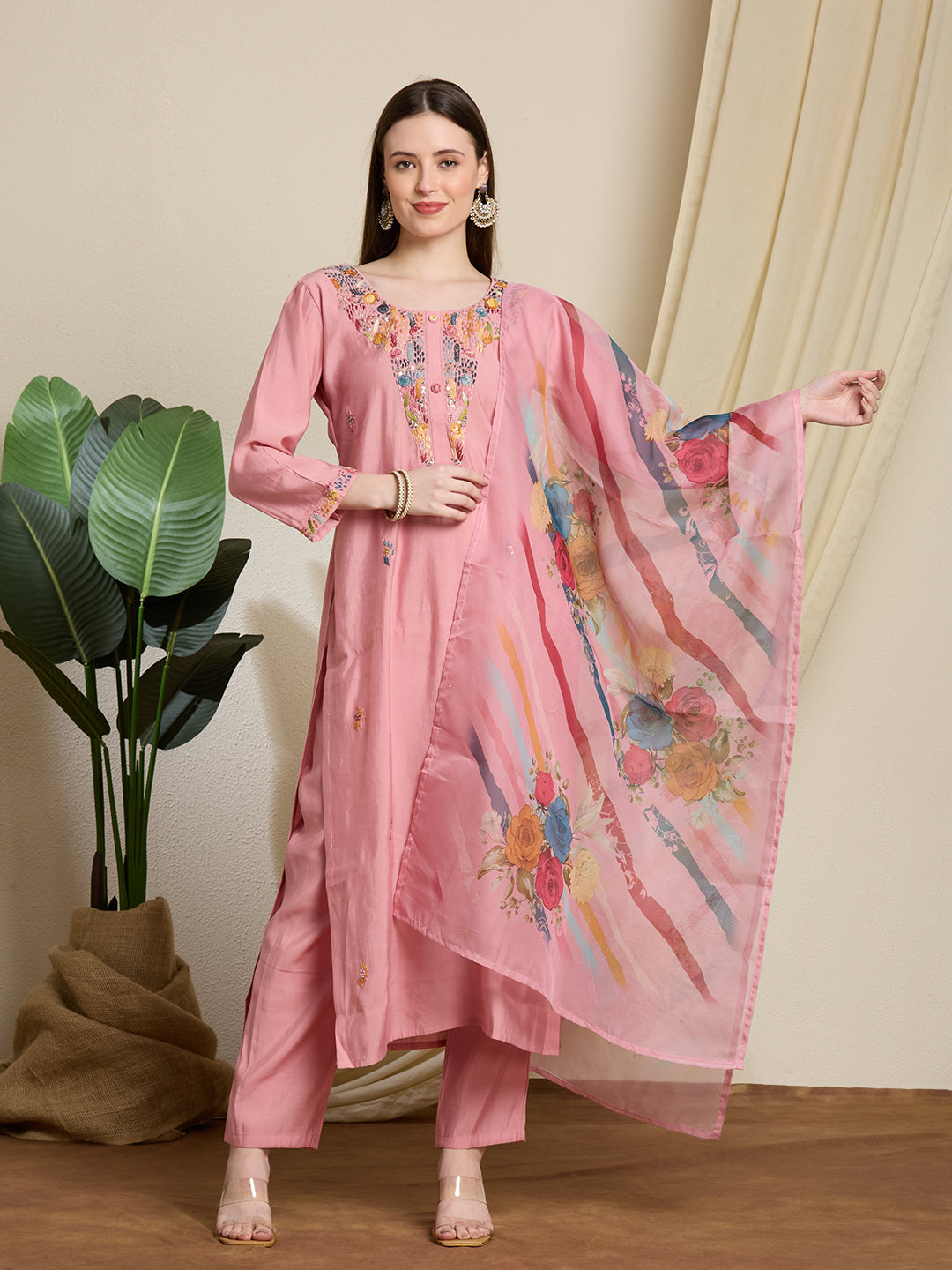 Solid Floral Hand Embroidered Straight Kurta with Pant & Dupatta - Pink