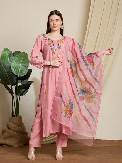 Solid Floral Hand Embroidered Straight Kurta with Pant & Dupatta - Pink