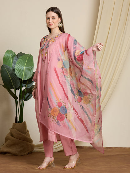 Solid Floral Hand Embroidered Straight Kurta with Pant & Dupatta - Pink