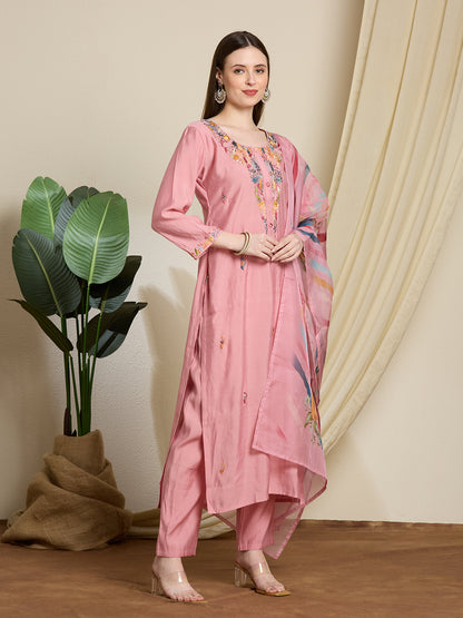 Solid Floral Hand Embroidered Straight Kurta with Pant & Dupatta - Pink