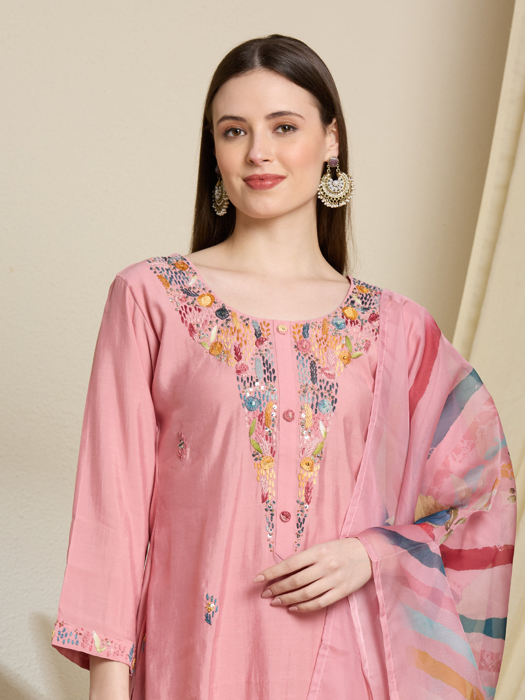 Solid Floral Hand Embroidered Straight Kurta with Pant & Dupatta - Pink