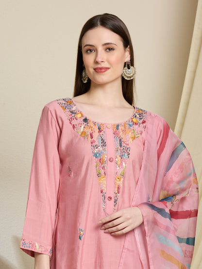 Solid Floral Hand Embroidered Straight Kurta with Pant & Dupatta - Pink