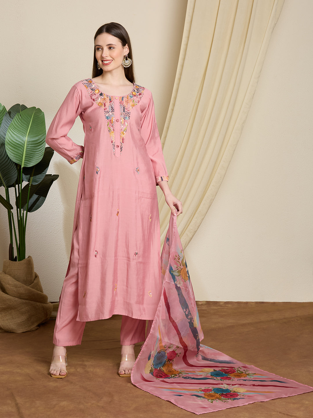 Solid Floral Hand Embroidered Straight Kurta with Pant & Dupatta - Pink