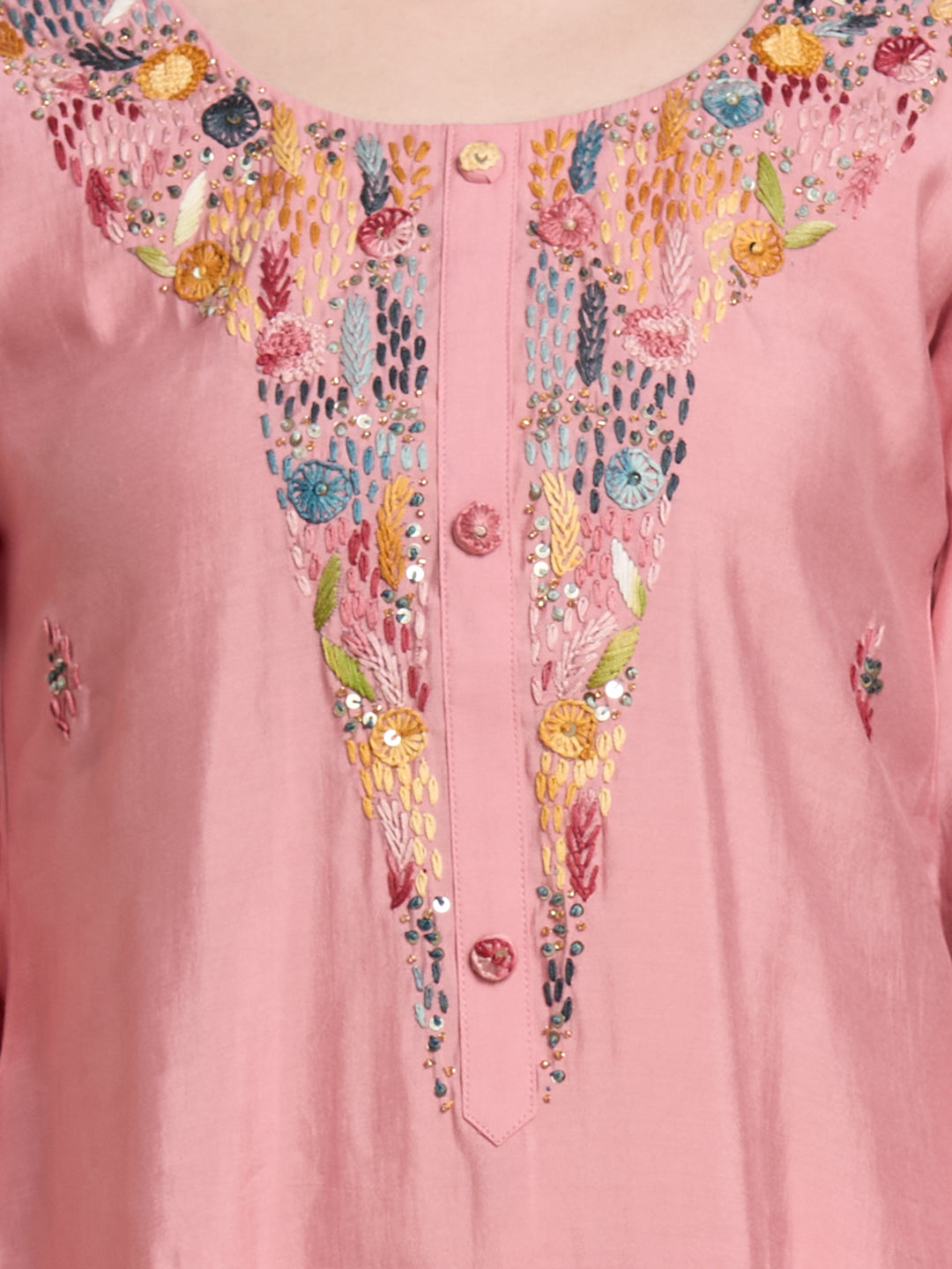 Solid Floral Hand Embroidered Straight Kurta with Pant & Dupatta - Pink