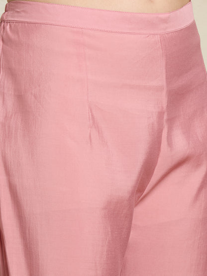 Solid Floral Hand Embroidered Straight Kurta with Pant & Dupatta - Pink