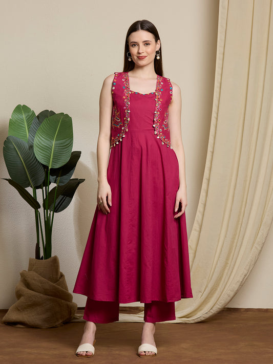 Festive Solid Mirror Work Anarkali with Shirt Jacket & Palazzo - Magenta