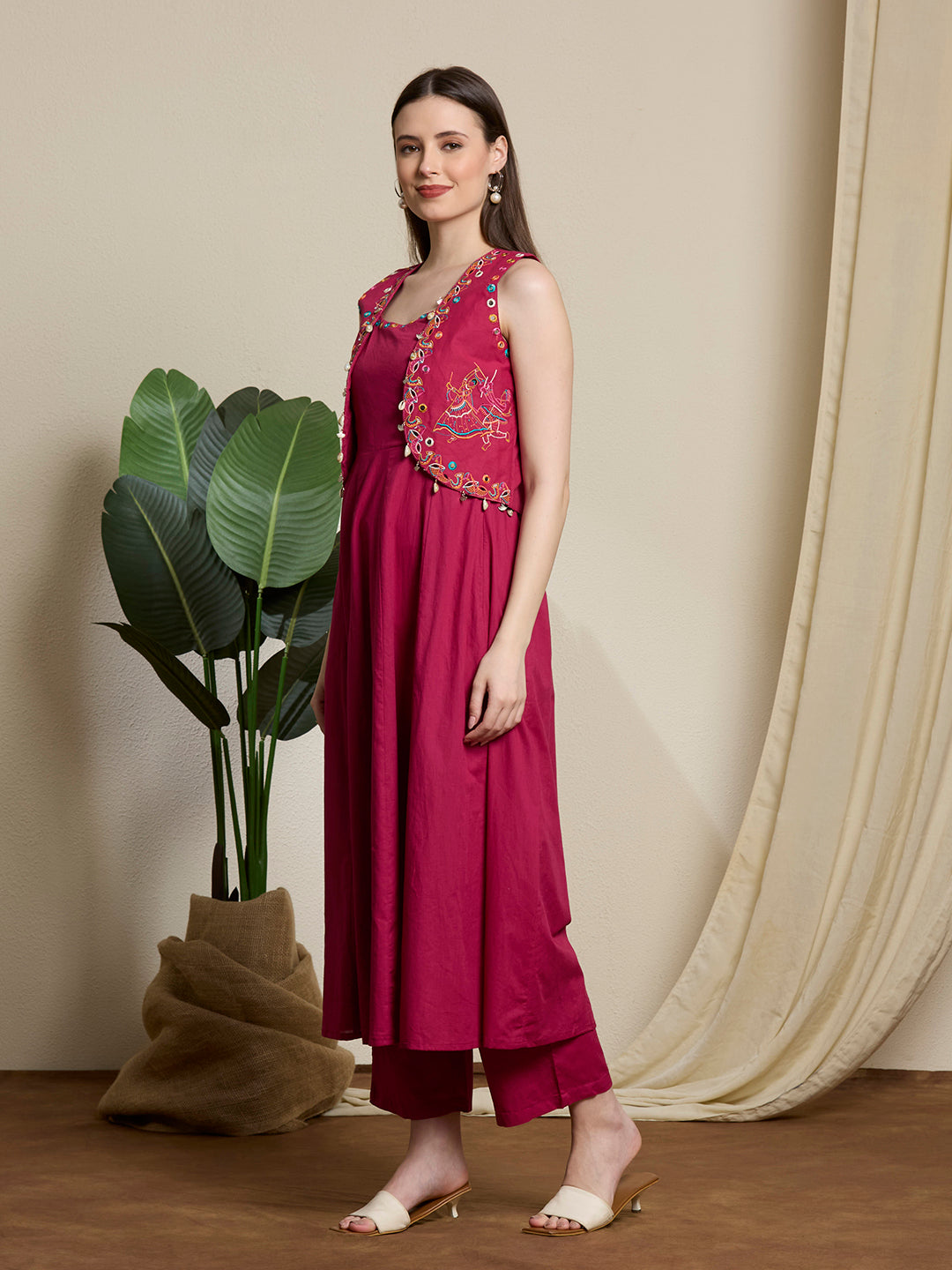 Festive Solid Mirror Work Anarkali with Shirt Jacket & Palazzo - Magenta