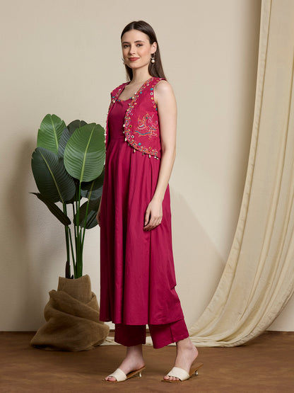 Festive Solid Mirror Work Anarkali with Shirt Jacket & Palazzo - Magenta