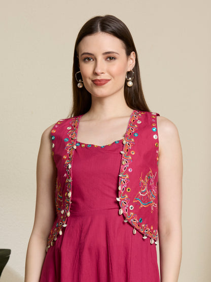 Festive Solid Mirror Work Anarkali with Shirt Jacket & Palazzo - Magenta
