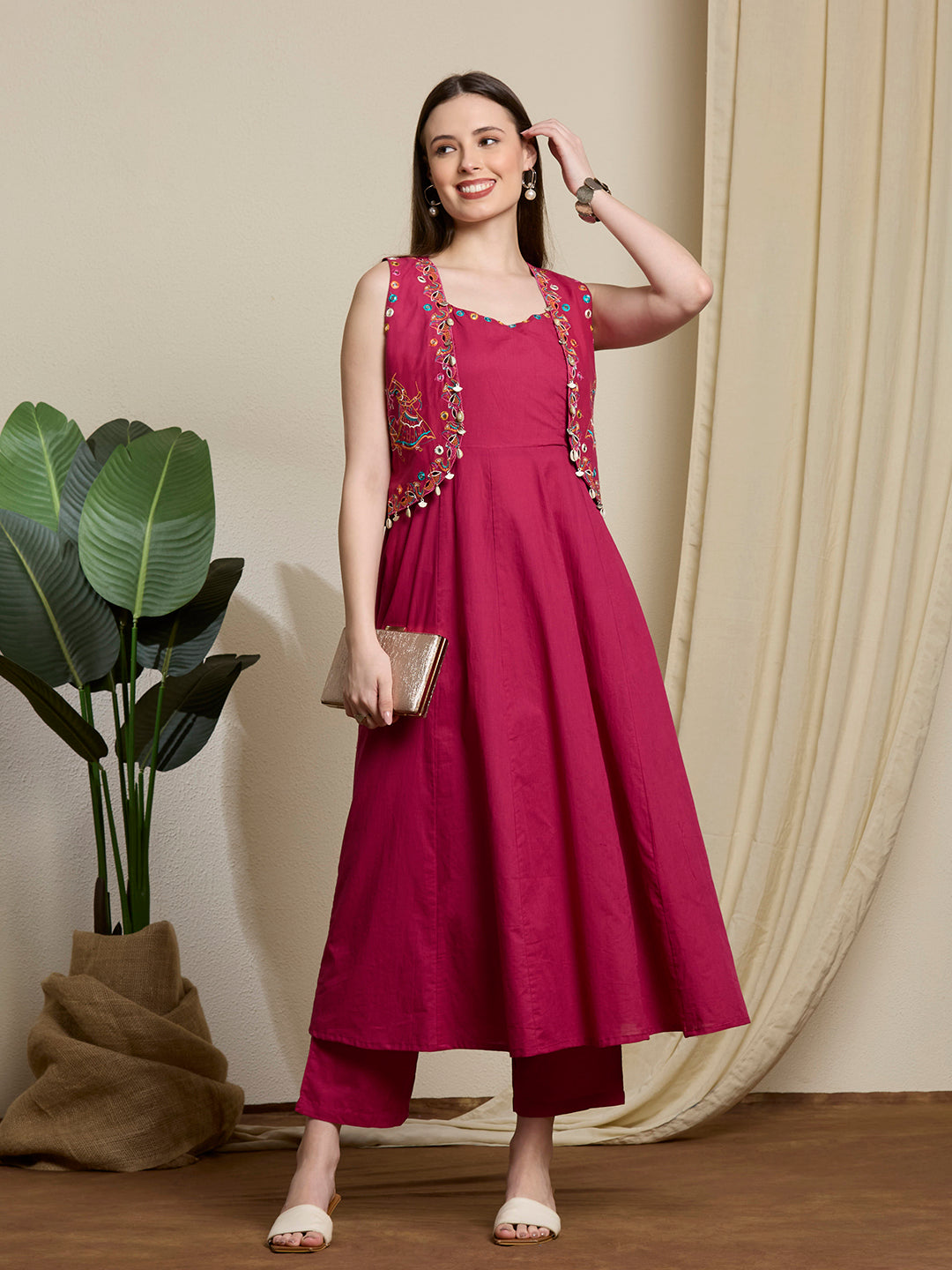Festive Solid Mirror Work Anarkali with Shirt Jacket & Palazzo - Magenta