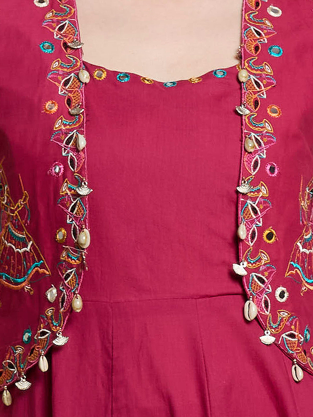 Festive Solid Mirror Work Anarkali with Shirt Jacket & Palazzo - Magenta