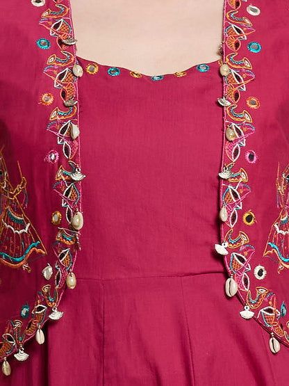 Festive Solid Mirror Work Anarkali with Shirt Jacket & Palazzo - Magenta