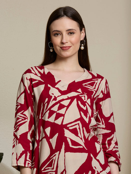 Abstract Printed Straight Fit Co-ord Set - Red