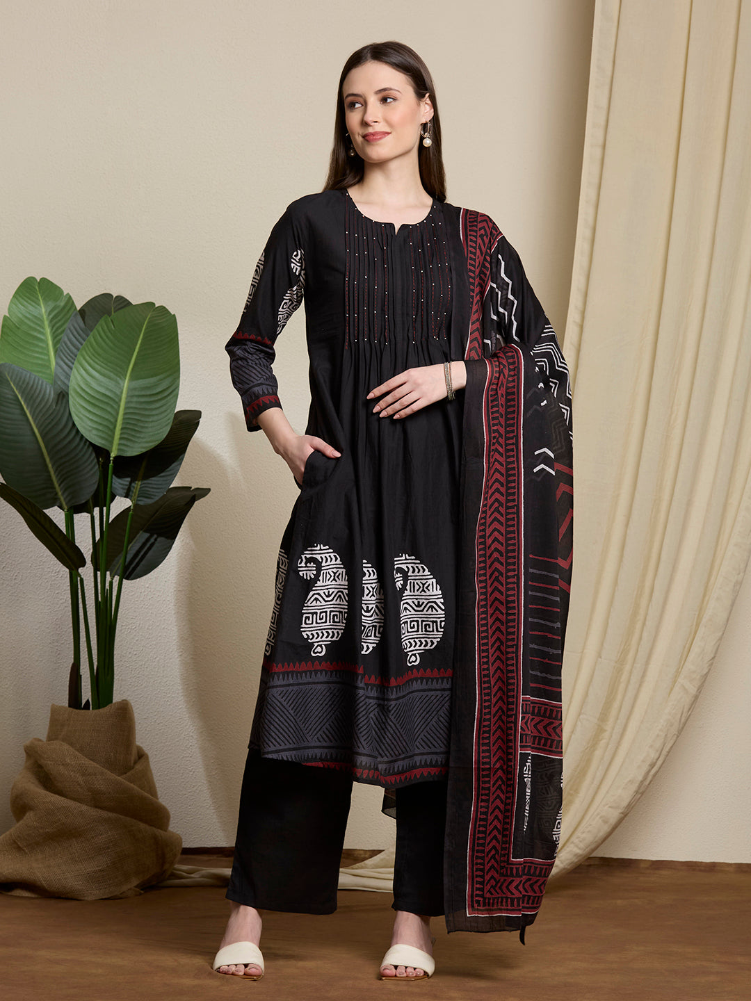 Ethnic Paisley Printed A-Line Pleated Kurta with Palazzo & Dupatta - Black