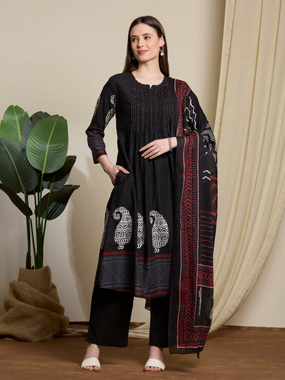 Ethnic Paisley Printed A-Line Pleated Kurta with Palazzo & Dupatta - Black