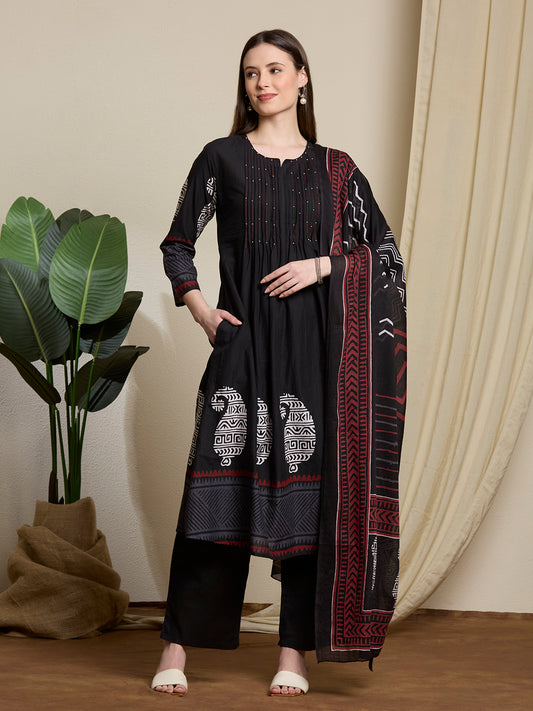 Ethnic Paisley Printed A-Line Pleated Kurta with Palazzo & Dupatta - Black