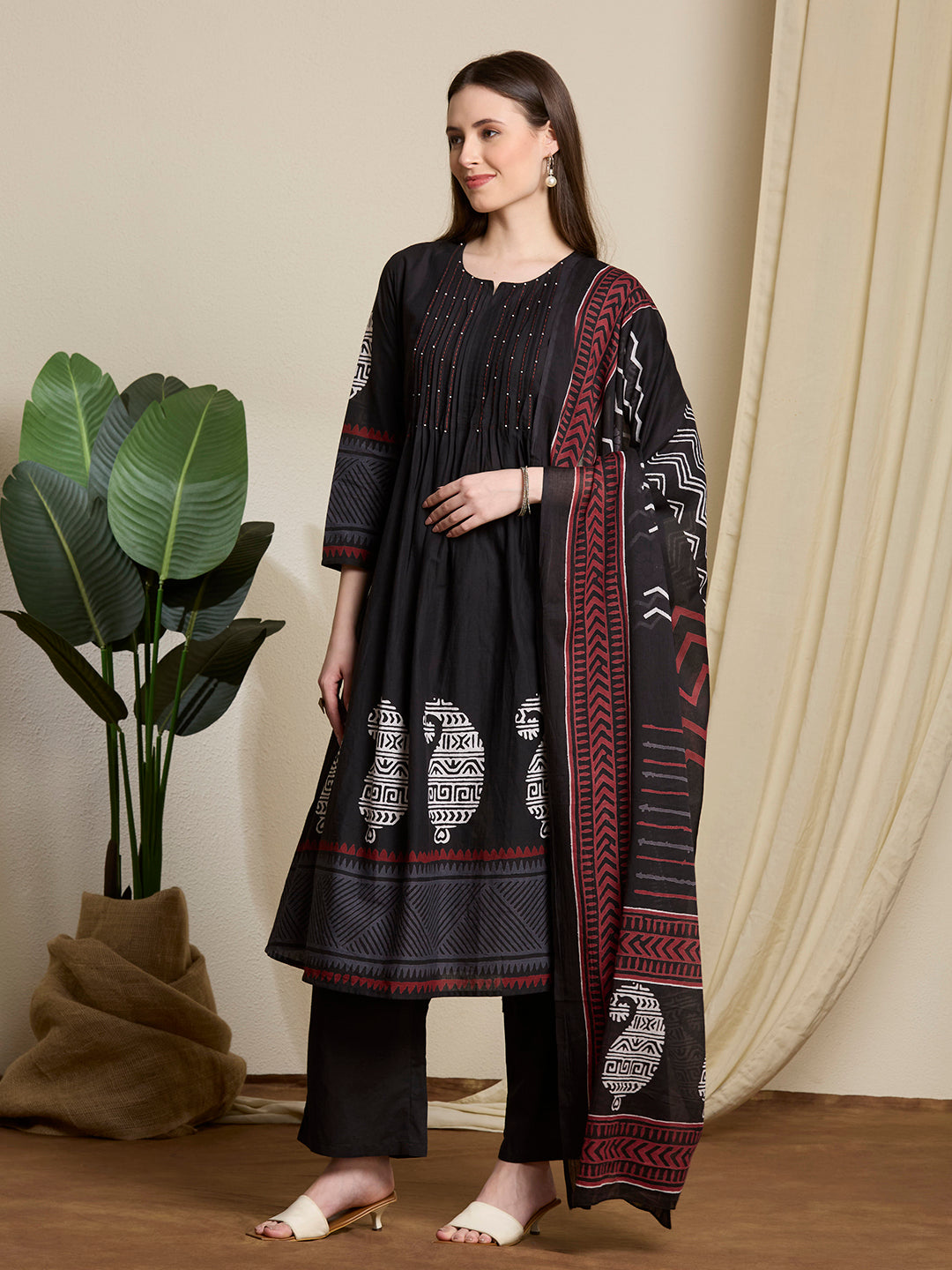 Ethnic Paisley Printed A-Line Pleated Kurta with Palazzo & Dupatta - Black