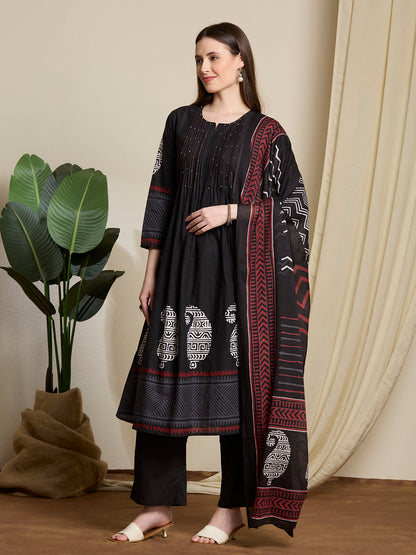 Ethnic Paisley Printed A-Line Pleated Kurta with Palazzo & Dupatta - Black