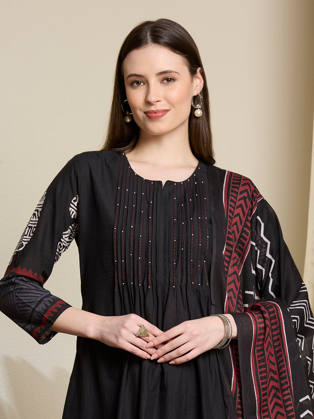 Ethnic Paisley Printed A-Line Pleated Kurta with Palazzo & Dupatta - Black