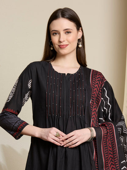 Ethnic Paisley Printed A-Line Pleated Kurta with Palazzo & Dupatta - Black