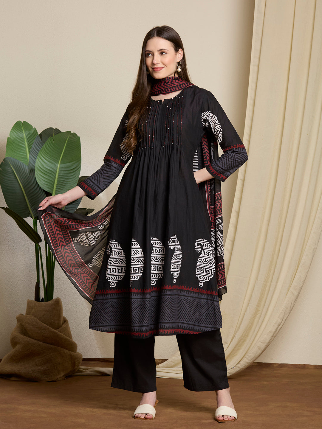 Ethnic Paisley Printed A-Line Pleated Kurta with Palazzo & Dupatta - Black