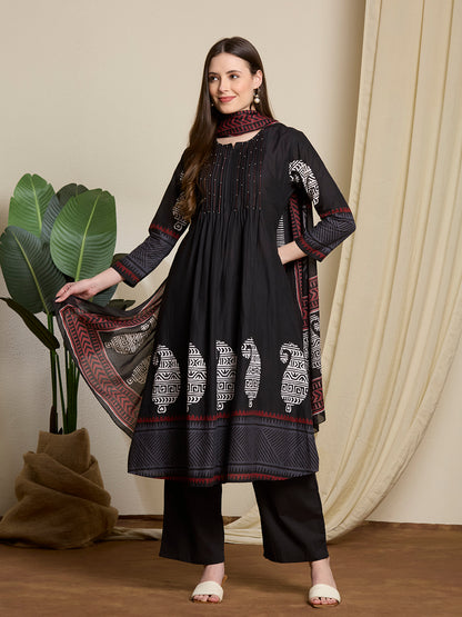 Ethnic Paisley Printed A-Line Pleated Kurta with Palazzo & Dupatta - Black