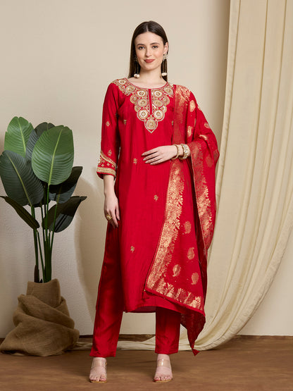 Festive & Ethnic Embroidered Straight Kurta with Pant & Dupatta - Red