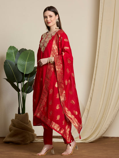 Festive & Ethnic Embroidered Straight Kurta with Pant & Dupatta - Red