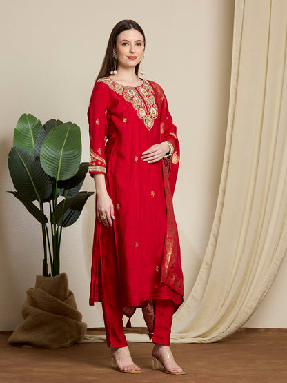 Festive & Ethnic Embroidered Straight Kurta with Pant & Dupatta - Red