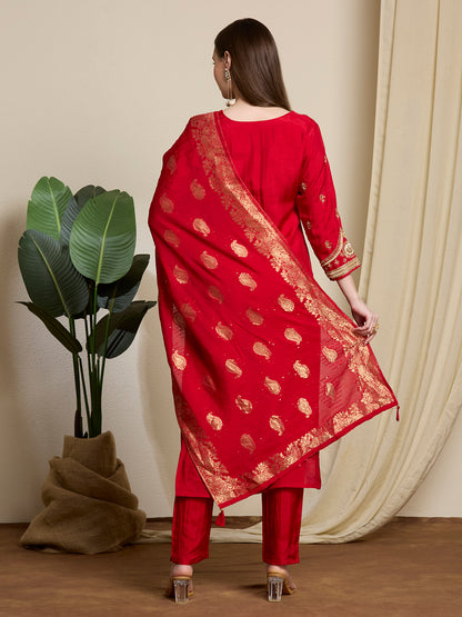 Festive & Ethnic Embroidered Straight Kurta with Pant & Dupatta - Red