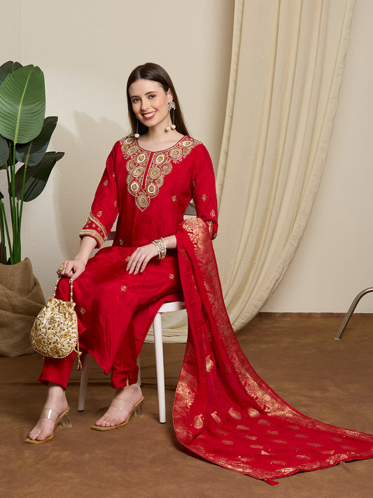 Festive & Ethnic Embroidered Straight Kurta with Pant & Dupatta - Red