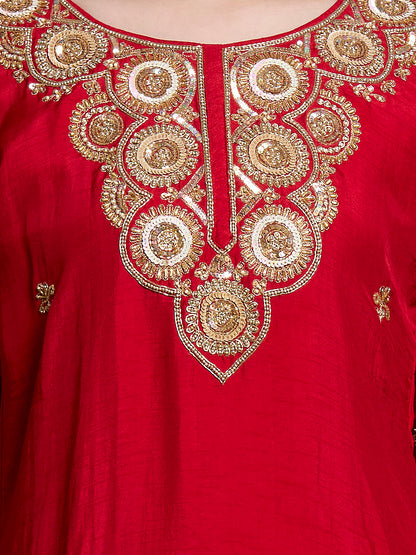Festive & Ethnic Embroidered Straight Kurta with Pant & Dupatta - Red