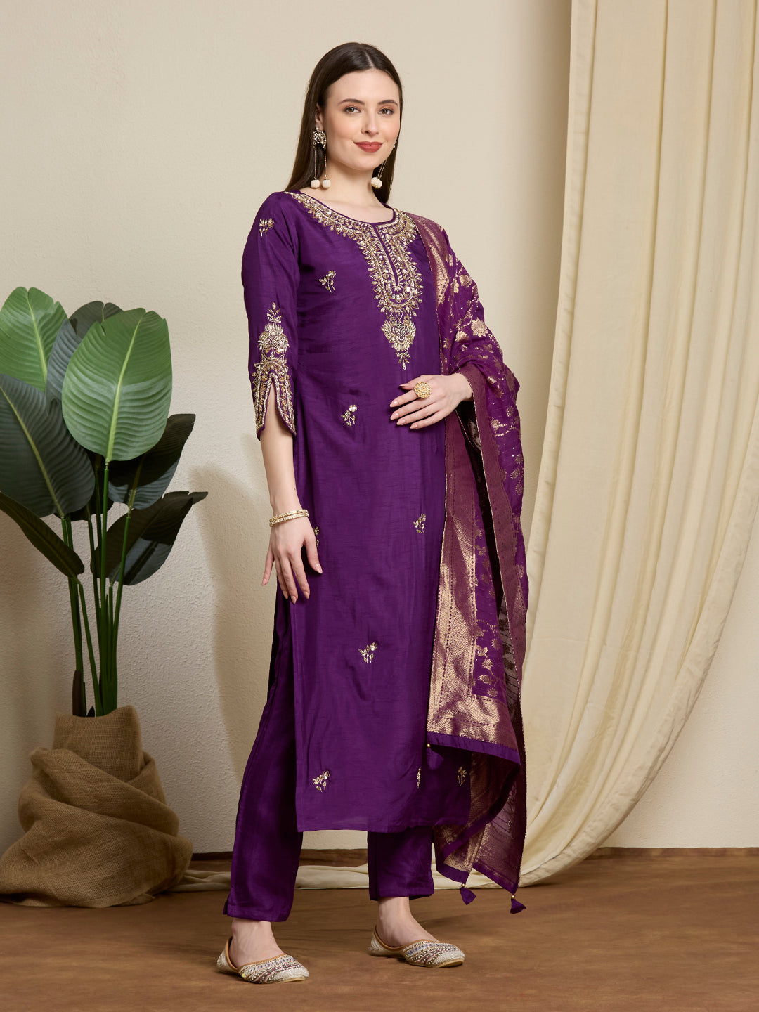 Festive Ethnic Embroidered Straight Kurta with Pant & Dupatta - Purple