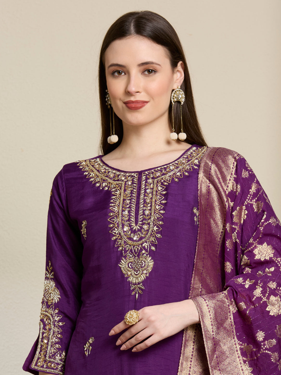 Festive Ethnic Embroidered Straight Kurta with Pant & Dupatta - Purple