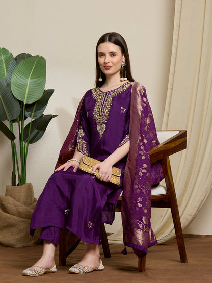 Festive Ethnic Embroidered Straight Kurta with Pant & Dupatta - Purple