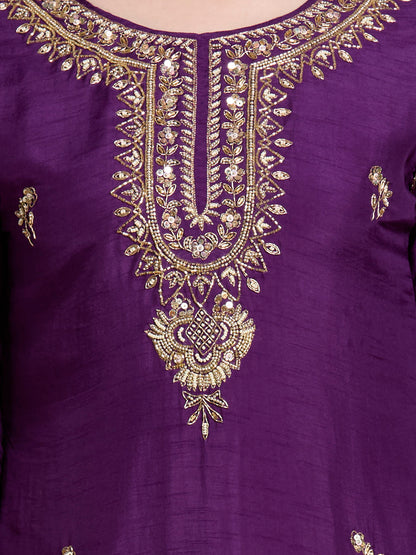 Festive Ethnic Embroidered Straight Kurta with Pant & Dupatta - Purple