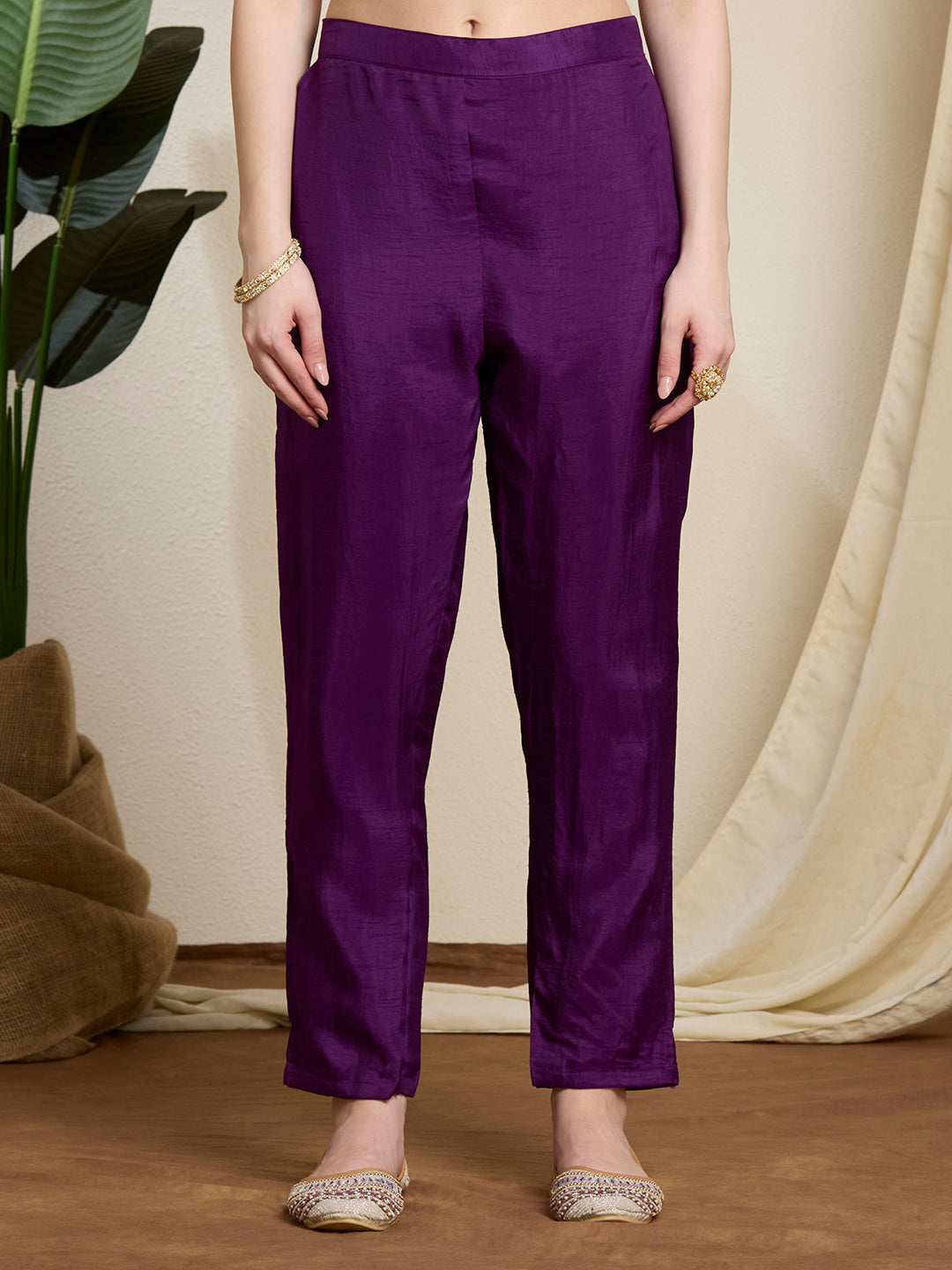 Festive Ethnic Embroidered Straight Kurta with Pant & Dupatta - Purple