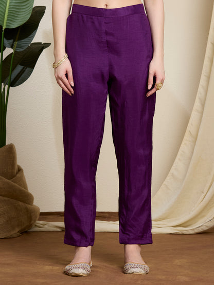 Festive Ethnic Embroidered Straight Kurta with Pant & Dupatta - Purple