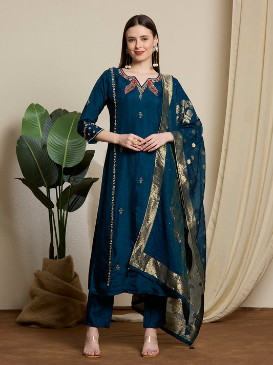 Festive Ethnic Embroidered Straight Kurta with Pant & Dupatta - Teal