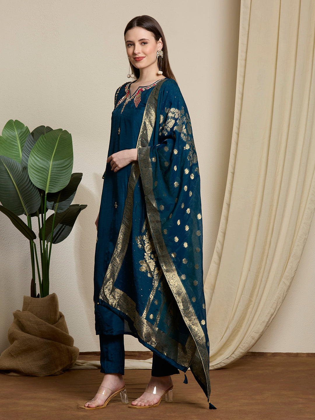 Festive Ethnic Embroidered Straight Kurta with Pant & Dupatta - Teal