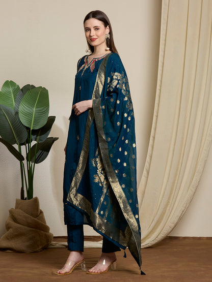 Festive Ethnic Embroidered Straight Kurta with Pant & Dupatta - Teal