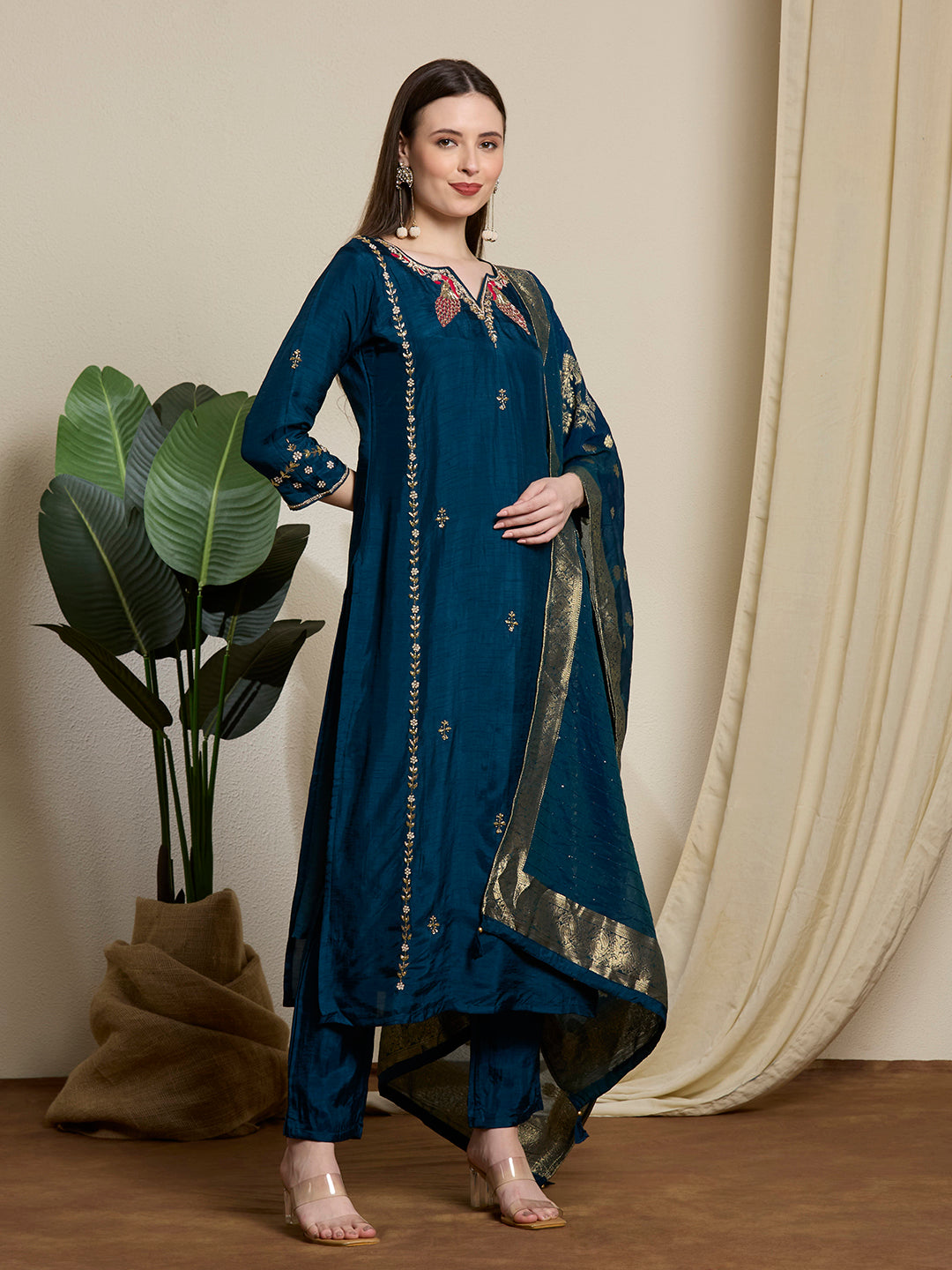 Festive Ethnic Embroidered Straight Kurta with Pant & Dupatta - Teal