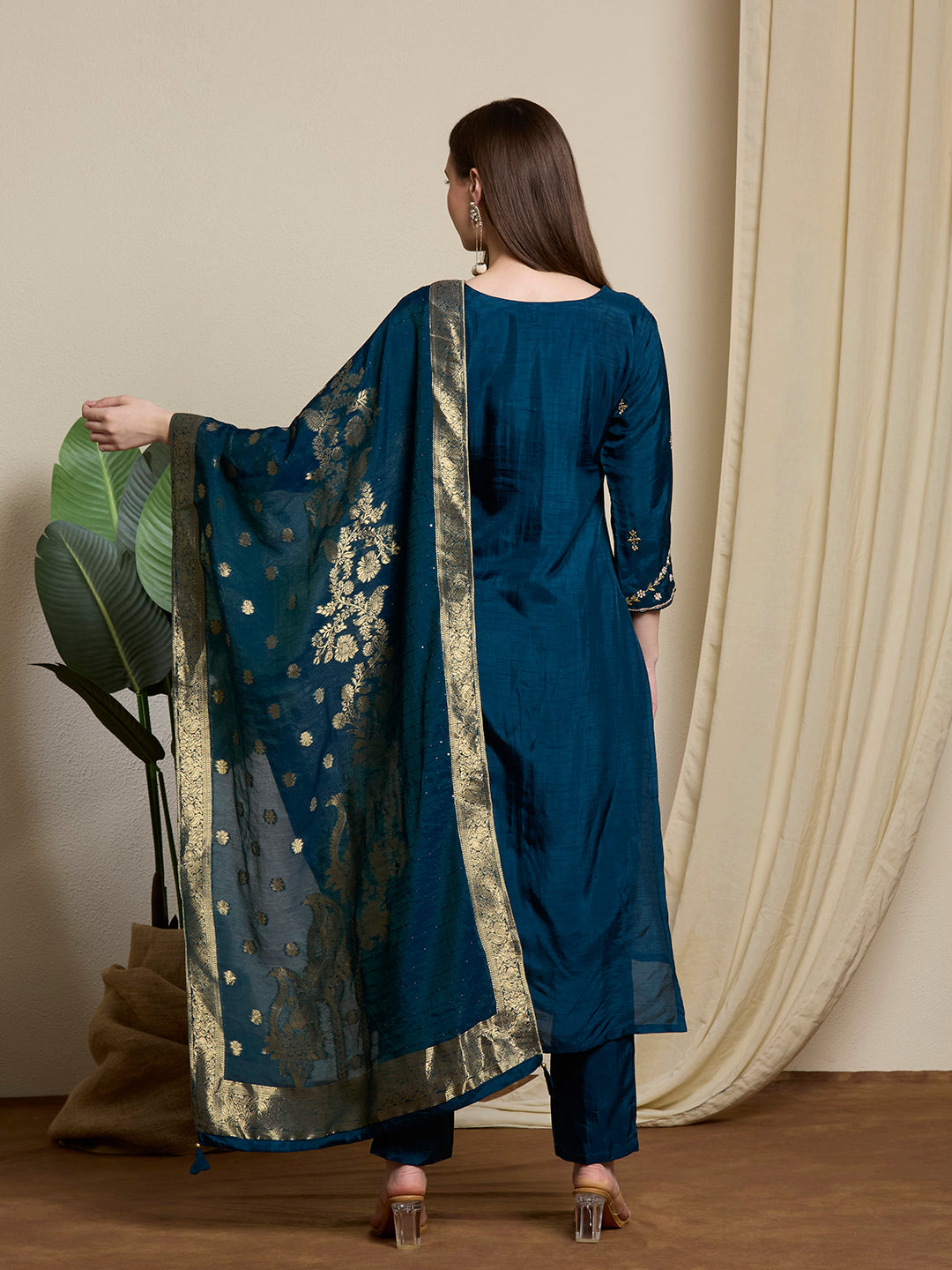 Festive Ethnic Embroidered Straight Kurta with Pant & Dupatta - Teal