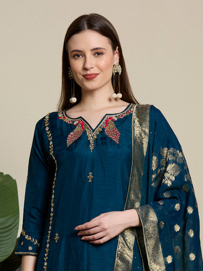 Festive Ethnic Embroidered Straight Kurta with Pant & Dupatta - Teal
