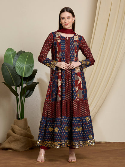 Ethnic Floral Printed & Embroidered Anarkali with Pant & Dupatta - Multi