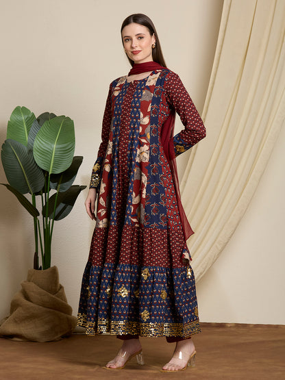 Ethnic Floral Printed & Embroidered Anarkali with Pant & Dupatta - Multi