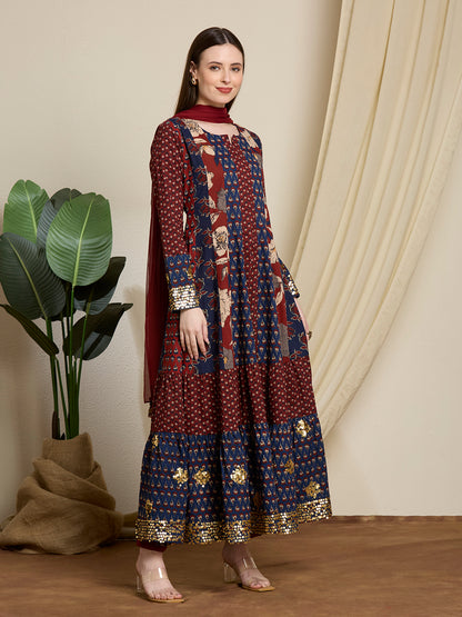 Ethnic Floral Printed & Embroidered Anarkali with Pant & Dupatta - Multi
