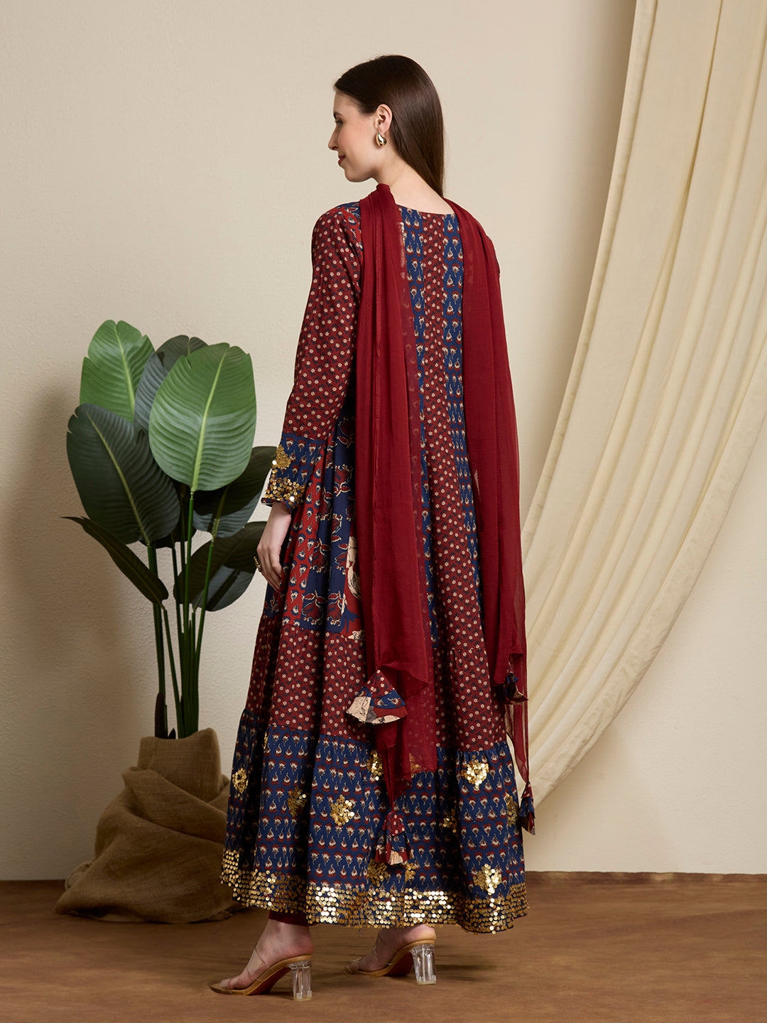 Ethnic Floral Printed & Embroidered Anarkali with Pant & Dupatta - Multi